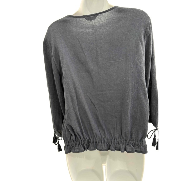 Lucky Brand Navy Blue Embroidered Tie Neck Tassel Bohemian Blouse‎ Womens Medium - Picture 7 of 8